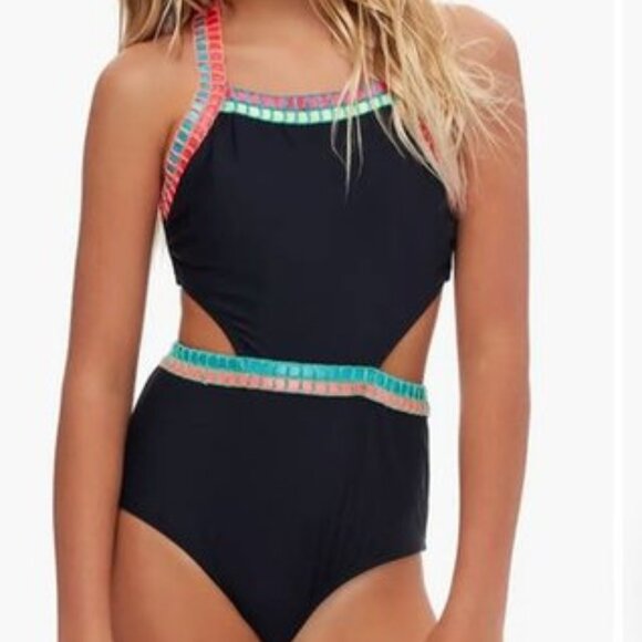Beach Lingo Kids Embroidered Trim Cutout Swimsuit One Piece Black Multicolor 10 - Picture 1 of 10